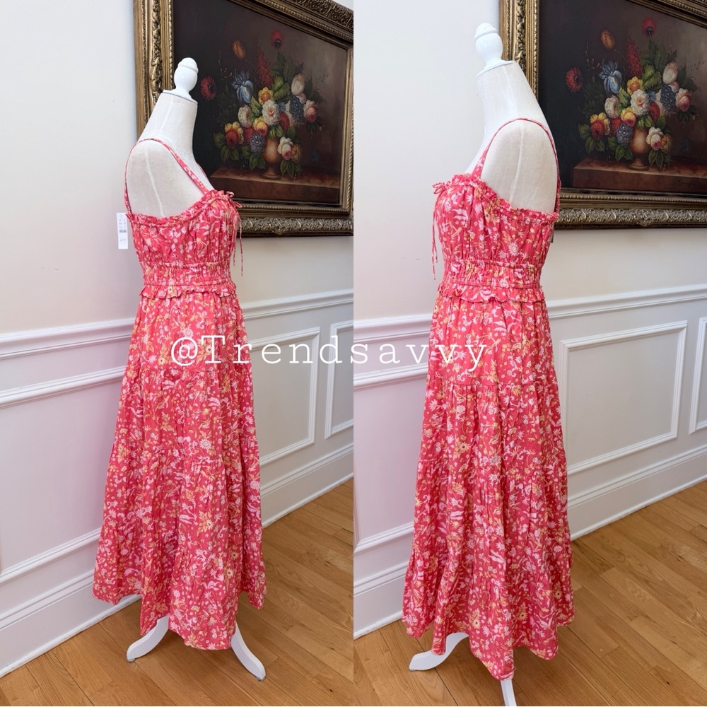 J.Crew Sunny Blooms Pink Floral Smocked Cotton Midi Dress Pockets Ruffle M - Picture 7 of 10